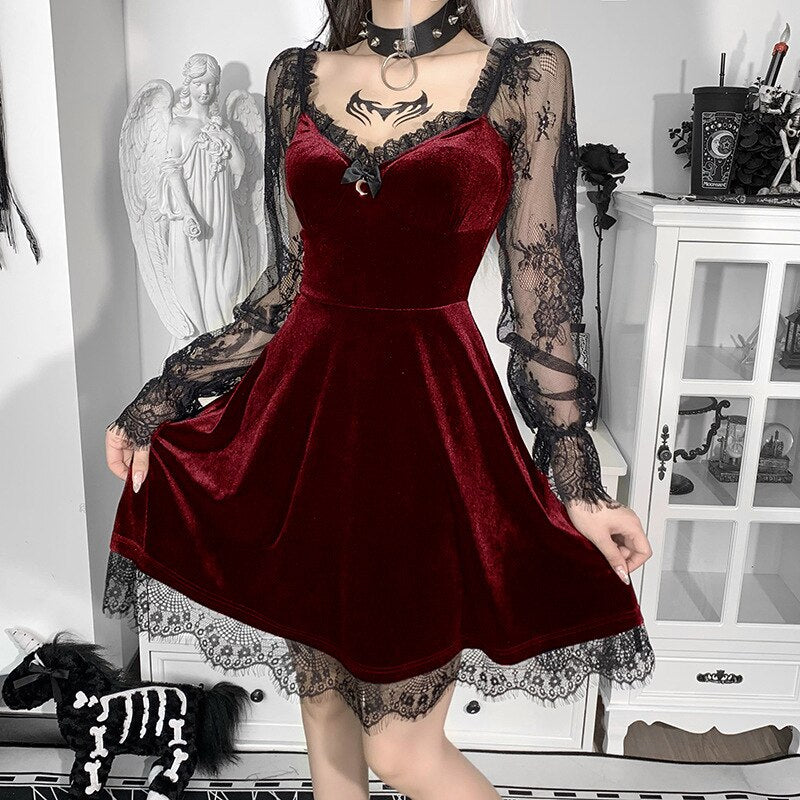 qgtao Velour Gothic Aesthetic Vintage Dresses Women's Lace Patchwork Grunge Black Dress Long Sleeve A-line Autumn Partywear