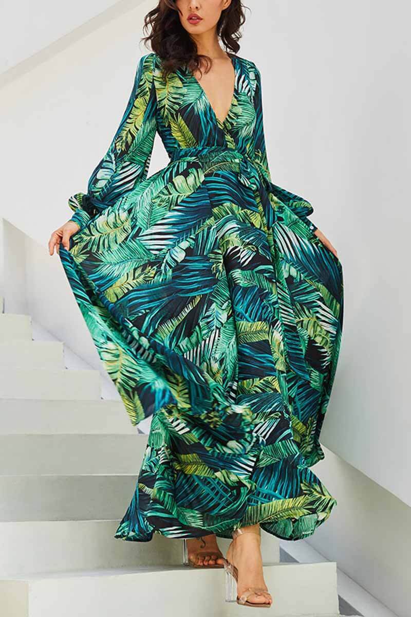 qgtao V-Neck Leaf Print Maxi Dress