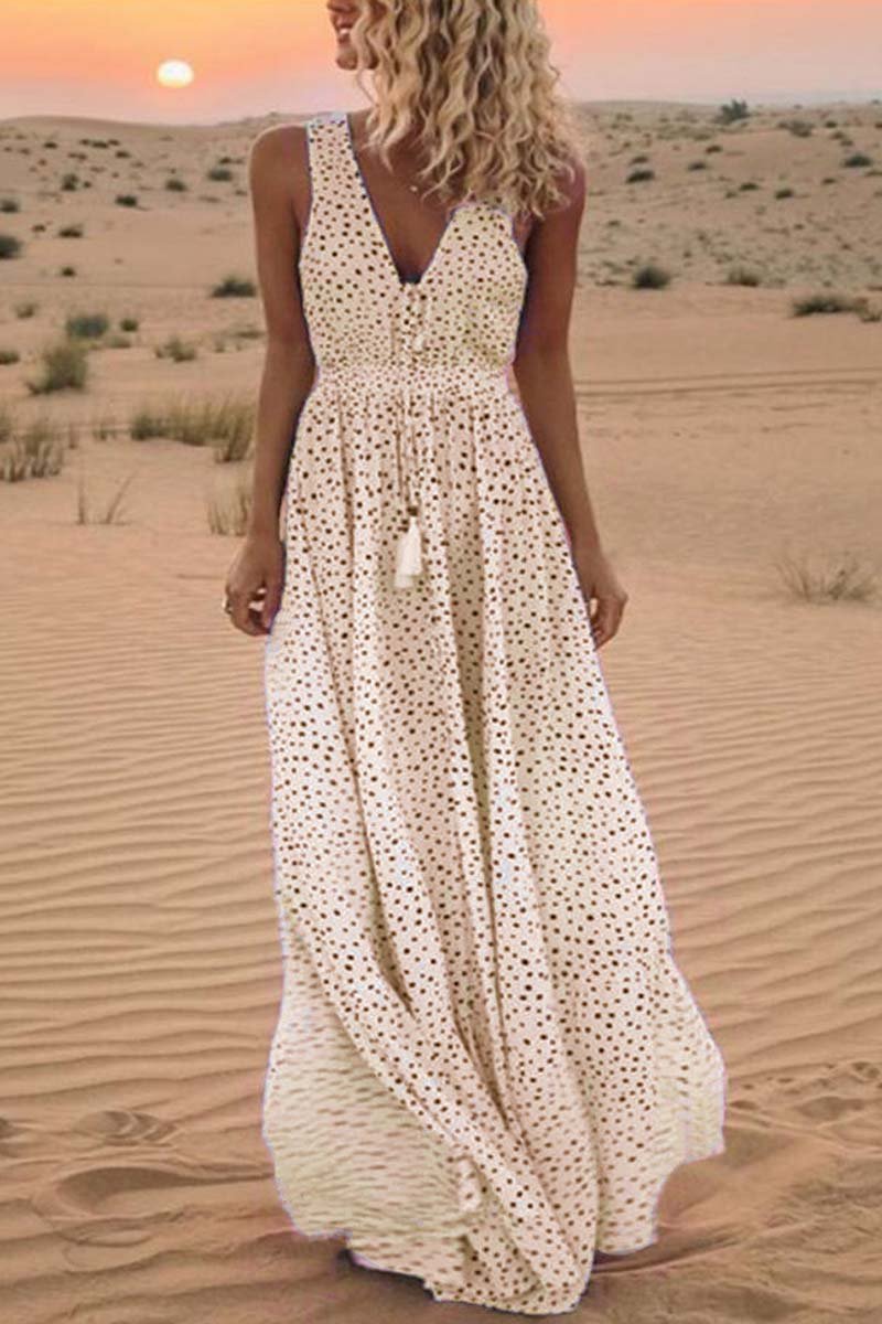qgtao V Neck Dot Printed Floor Length Dress(3 Colors)
