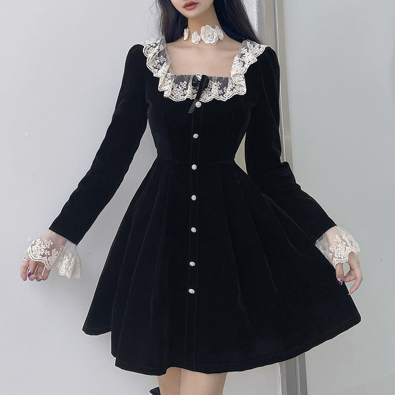 qgtao-Women Summer Sexy y2k Fairy Dress Casual Loose Dress Elegant Square Neck High Waist Long Sleeve Velvet Dress