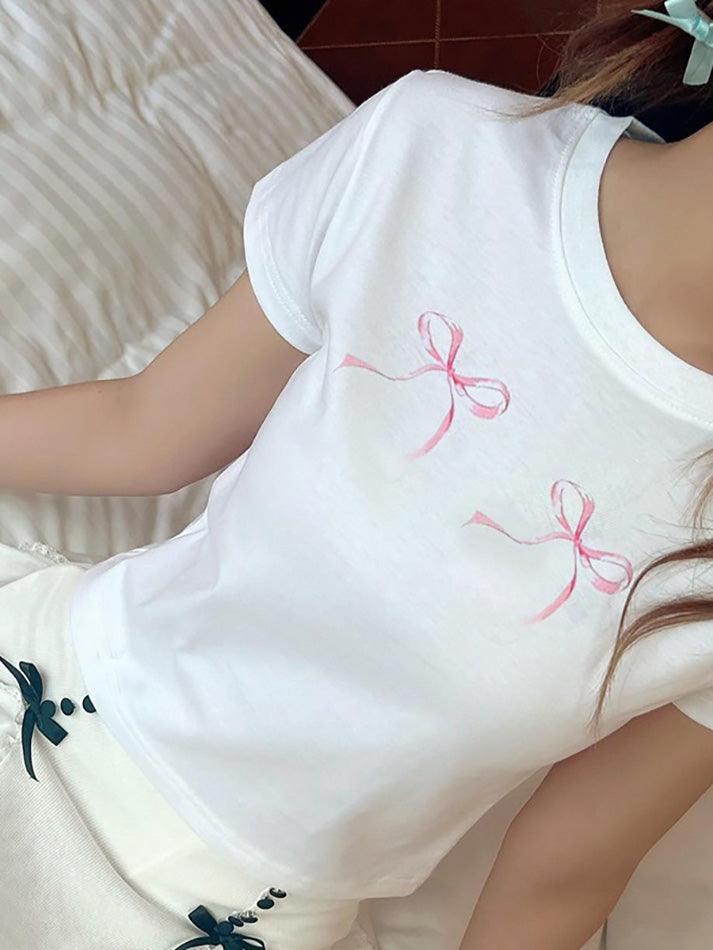 Short-Sleeve Crew Neck Bow Print Crop T-Shirt