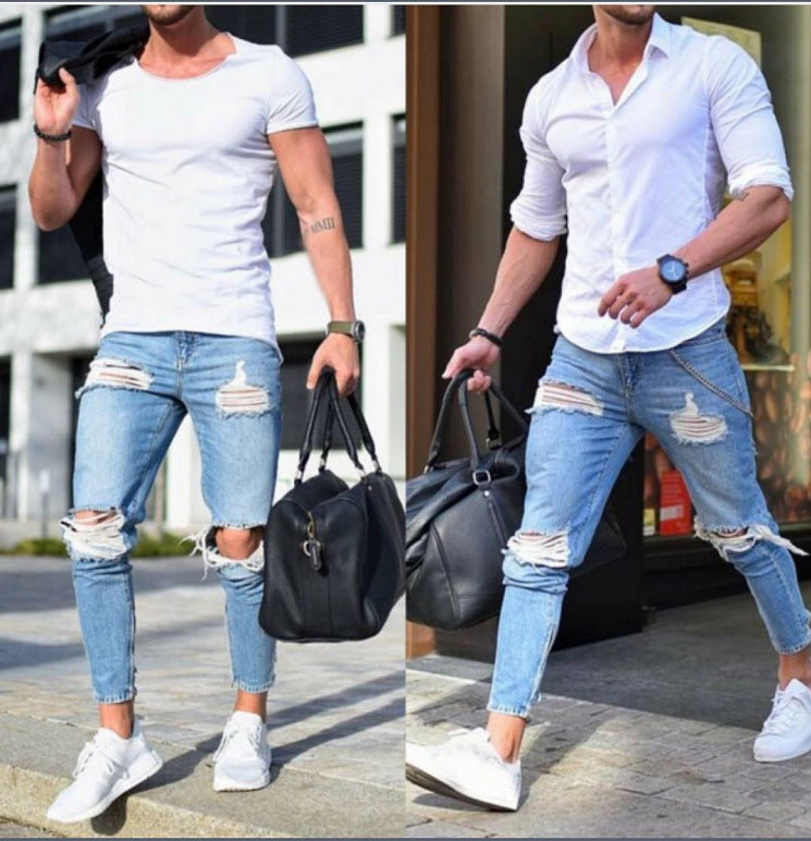 2025 Cross-border new models, , wish 2025 men's tight jeans, light-colored ripped pants