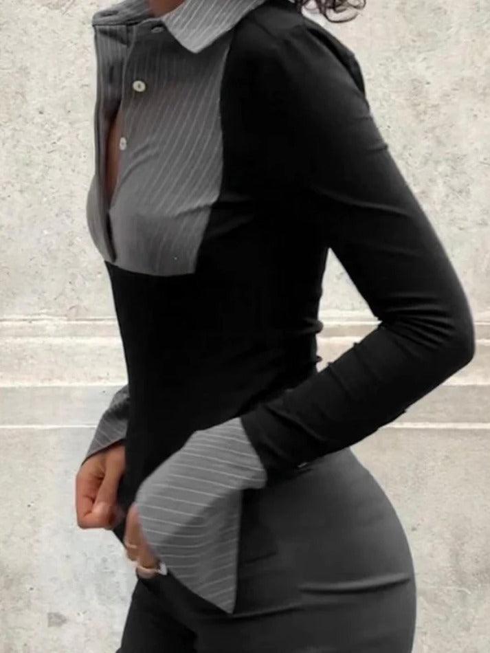 Stripe Splice Polo Neck Long Sleeve Blouse