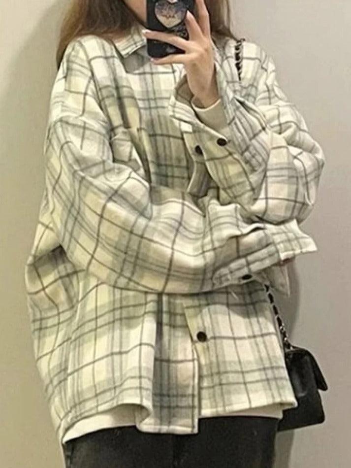 Vintage Plaid Print Brushed Long Sleeve Blouse