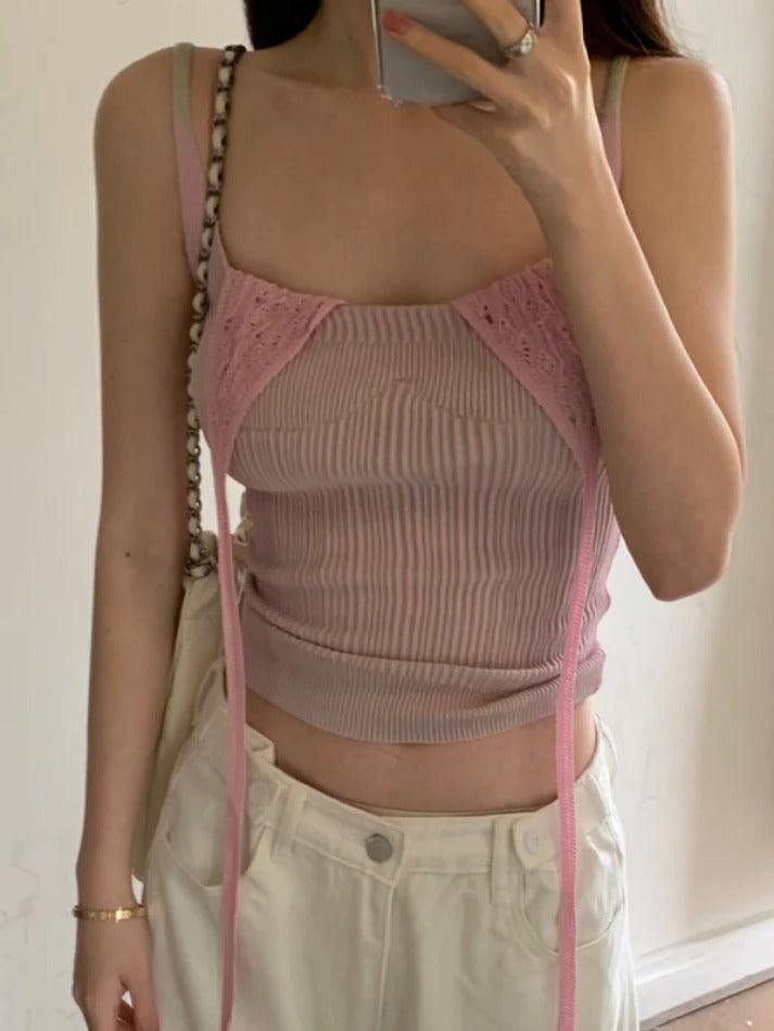 Contrast Color Fake Two Piece Knit Cami Top Halter Vest