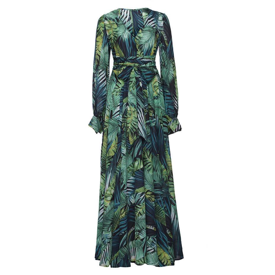 qgtao V-Neck Leaf Print Maxi Dress
