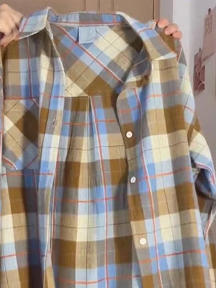 qgtao ootd Vintage Contrast Plaid Print Long Sleeve Blouse