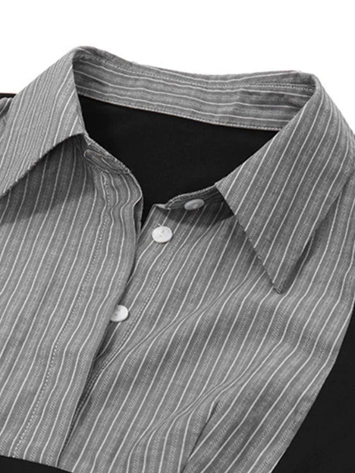 Stripe Splice Polo Neck Long Sleeve Blouse