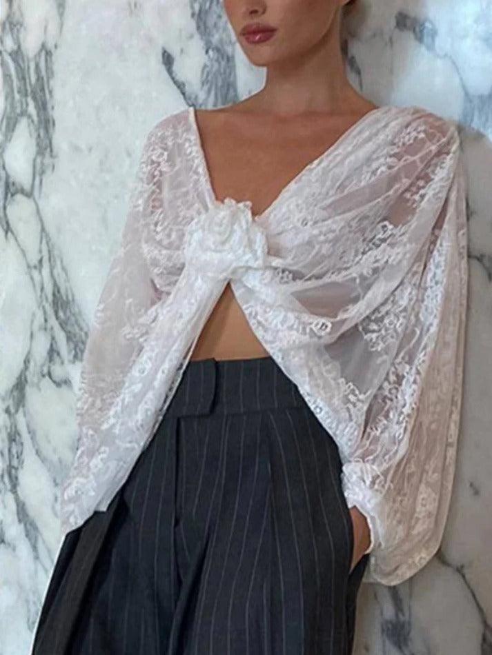 V Neck Lace Slit Long Sleeve Blouse