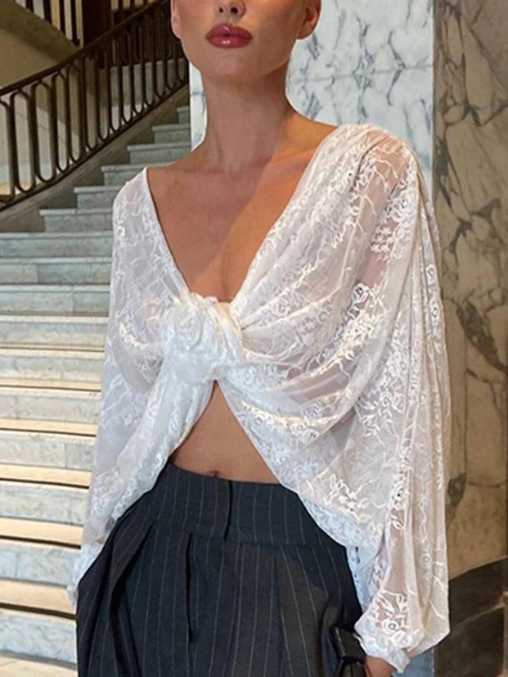 V Neck Lace Slit Long Sleeve Blouse