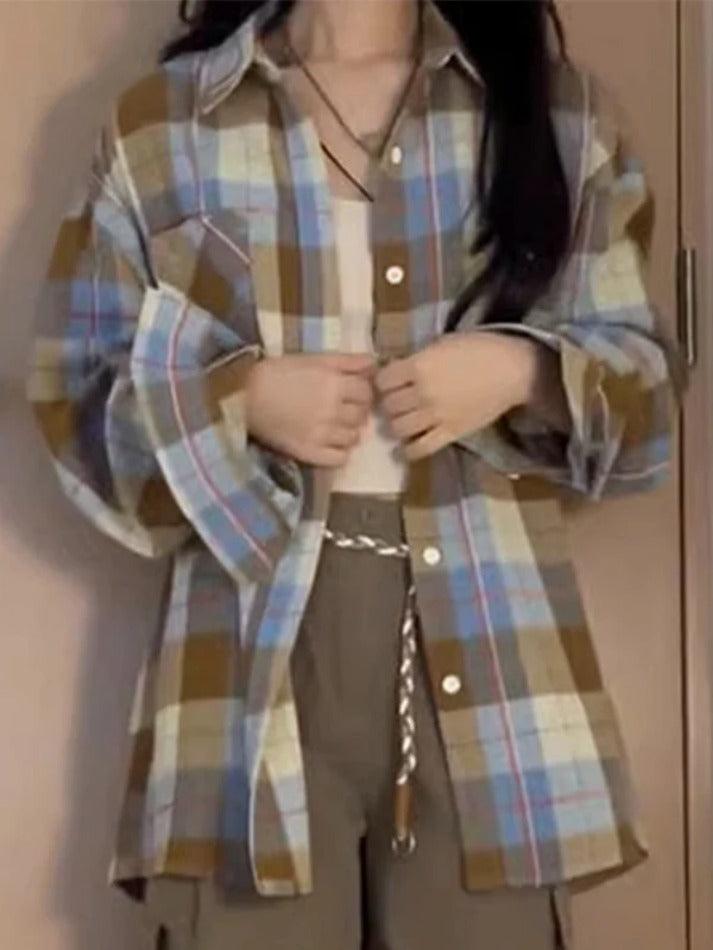 qgtao ootd Vintage Contrast Plaid Print Long Sleeve Blouse