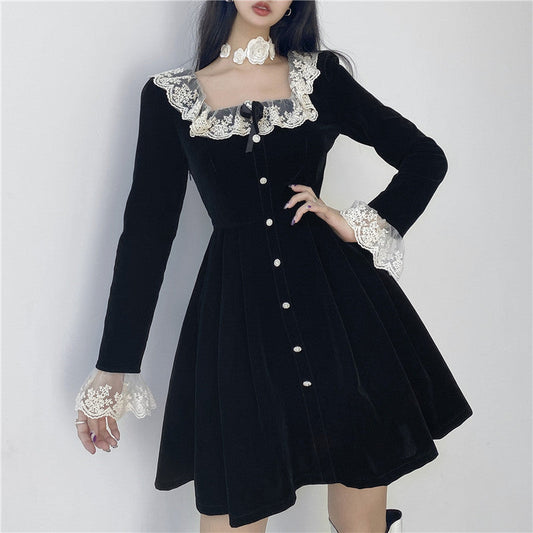 qgtao-Women Summer Sexy y2k Fairy Dress Casual Loose Dress Elegant Square Neck High Waist Long Sleeve Velvet Dress