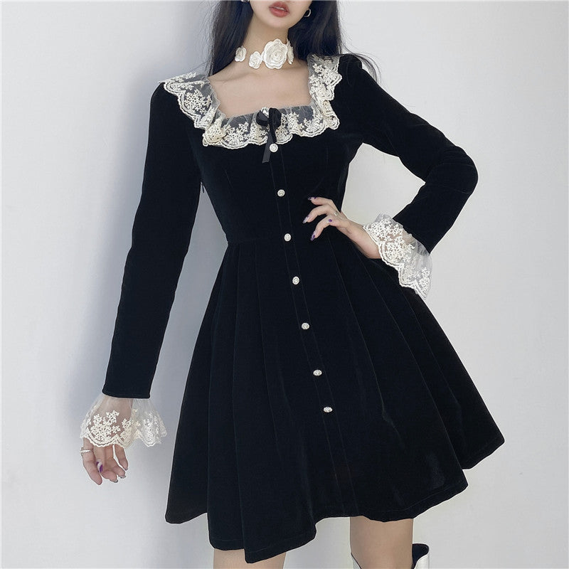 qgtao-Women Summer Sexy y2k Fairy Dress Casual Loose Dress Elegant Square Neck High Waist Long Sleeve Velvet Dress