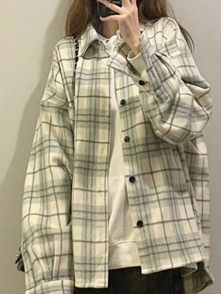 Vintage Plaid Print Brushed Long Sleeve Blouse