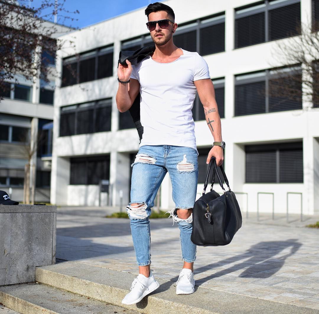 2025 Cross-border new models, , wish 2025 men's tight jeans, light-colored ripped pants