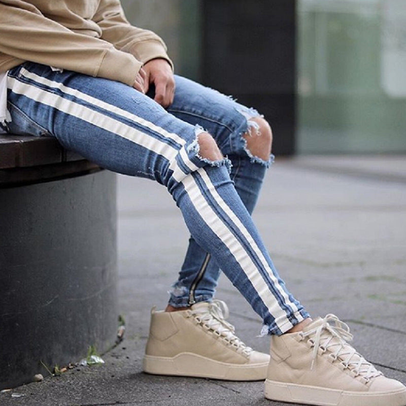 2025 Cross-border special for men's knee ripped jeans, autumn new sports slim-fitting trousers, men's clothing, 2025 pants