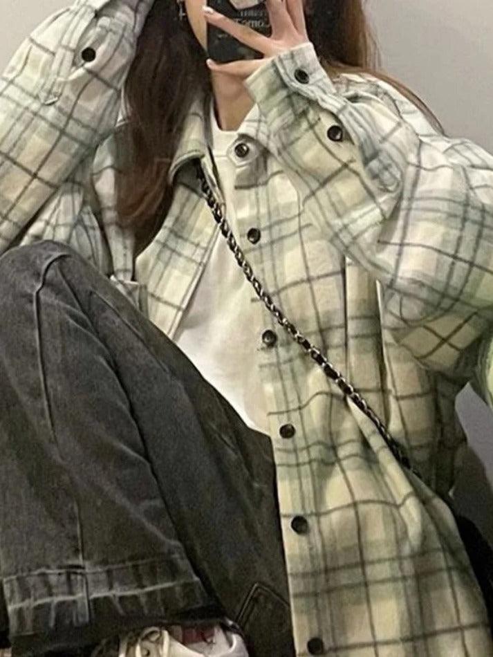Vintage Plaid Print Brushed Long Sleeve Blouse