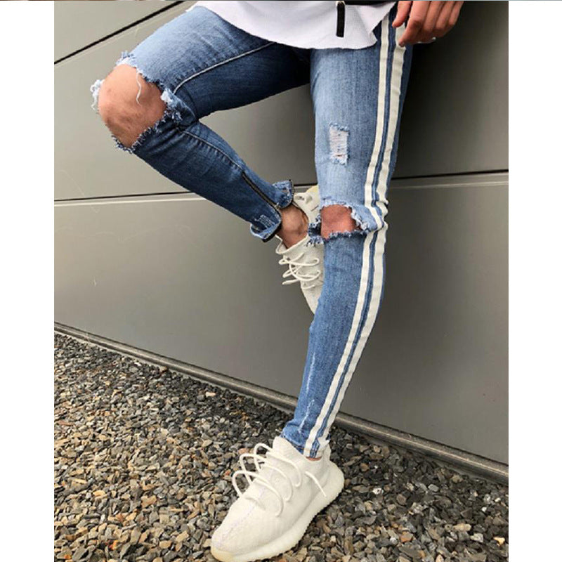 2025 Cross-border special for men's knee ripped jeans, autumn new sports slim-fitting trousers, men's clothing, 2025 pants