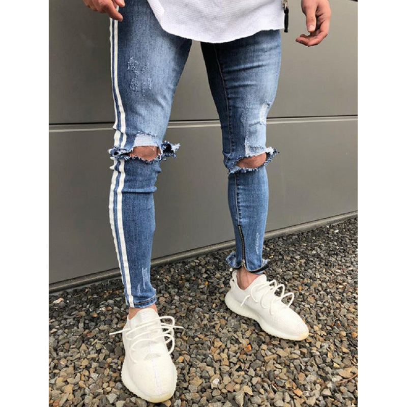 2025 Cross-border special for men's knee ripped jeans, autumn new sports slim-fitting trousers, men's clothing, 2025 pants
