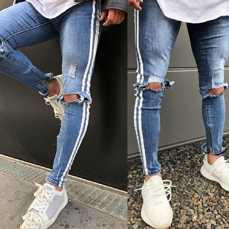 2025 Cross-border special for men's knee ripped jeans, autumn new sports slim-fitting trousers, men's clothing, 2025 pants