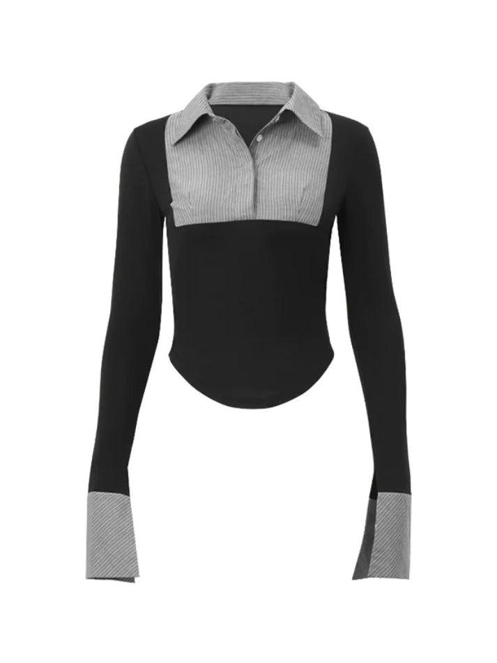 Stripe Splice Polo Neck Long Sleeve Blouse