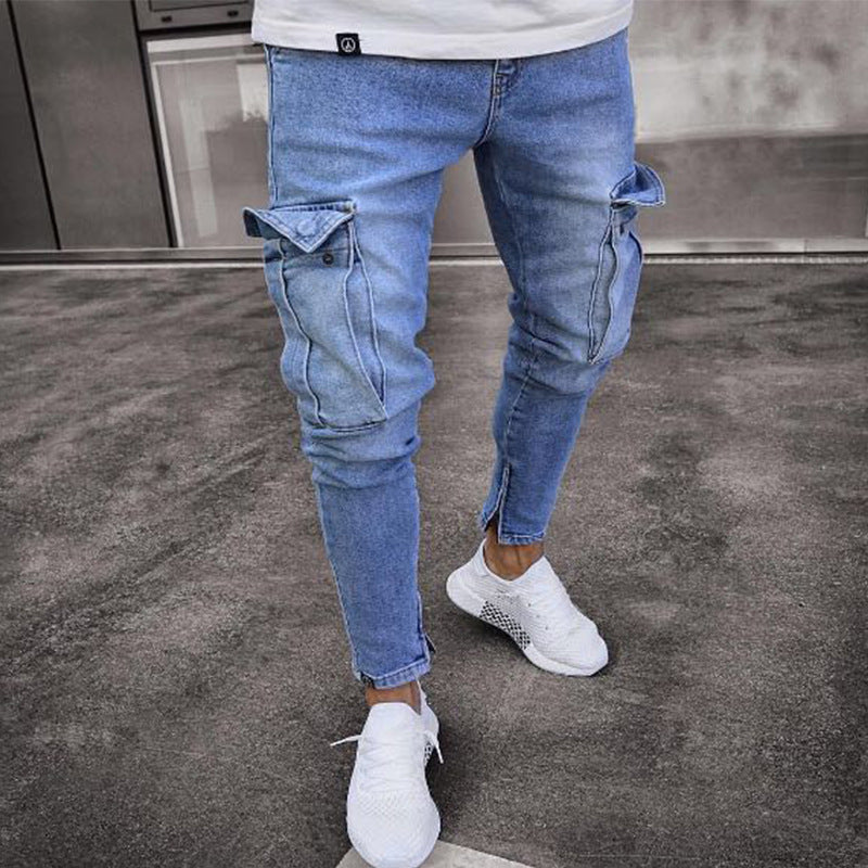 2025 Cross-border 2025 hot sale elastic men's jeans trend knee hole zipper small feet trousers wholesale