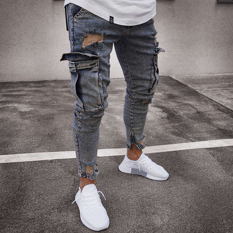 2025 Cross-border 2025 hot sale elastic men's jeans trend knee hole zipper small feet trousers wholesale