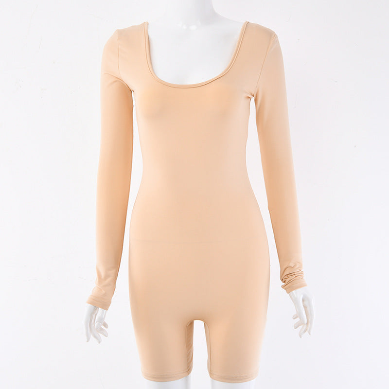 2025 women's clothing spring and summer new sexy solid color U-neck chest long-sleeved one-piece elastic shorts backless jumpsuit