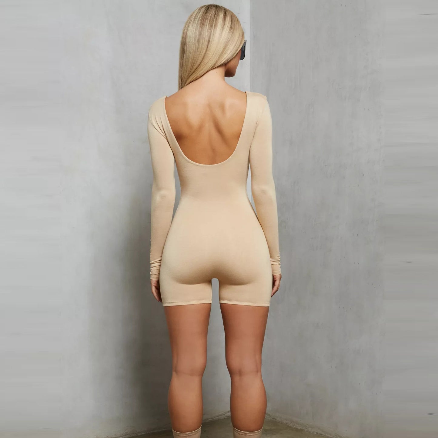 2025 women's clothing spring and summer new sexy solid color U-neck chest long-sleeved one-piece elastic shorts backless jumpsuit
