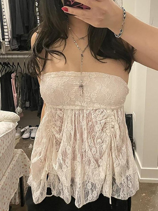 Lace Mesh Ruffle Crop Top