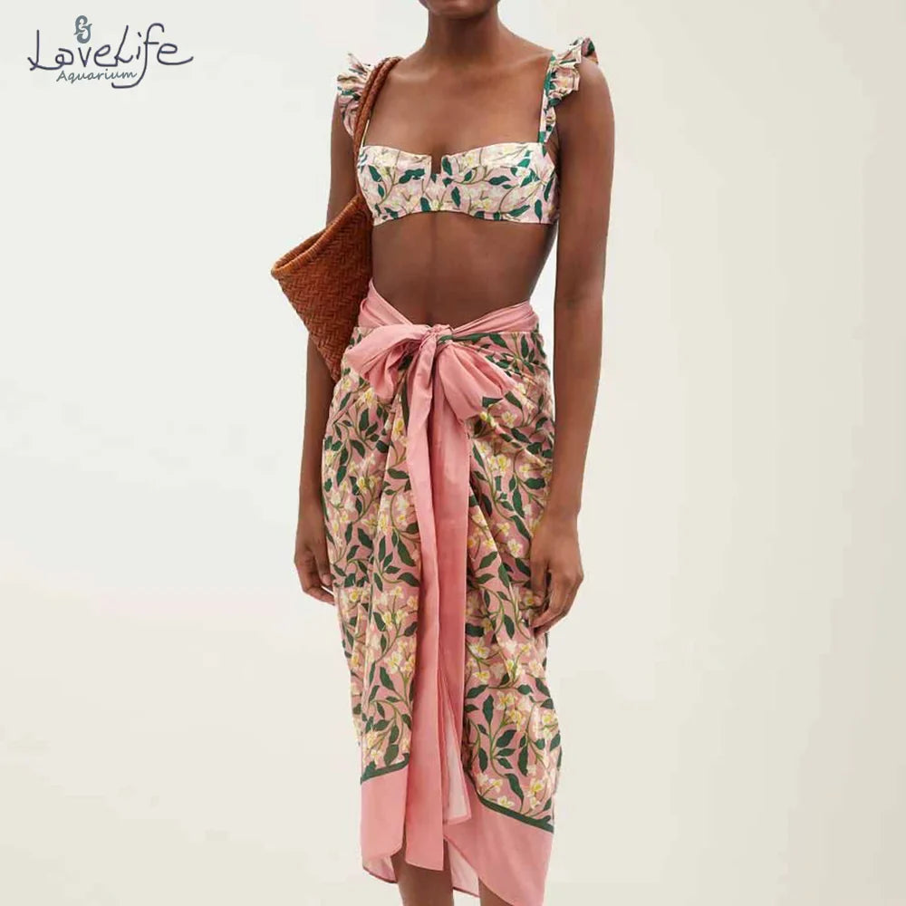 qgtao Pink Fashion Floral Print Bikini Set Cover Up Two Pieces Plus Size Tankini Women Swimming Suits Swimwear Patchwork With Skirt