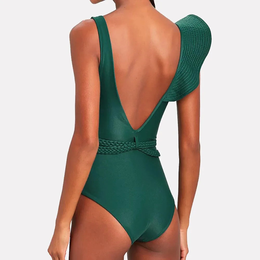 qgtao Plus Size Swimwear Women 2024 Luxury Sexy One Piece Swimsuits Deep-V Micro Bikini Shoulder Solid Ruffled Beach Bathing Suit
