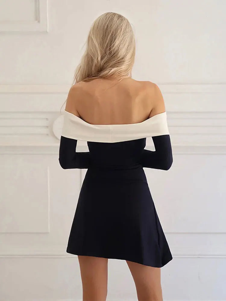 qgtao New Off Shoulder Mini Dresses Sexy Block Color Backless Tube Top Long Sleeves Basic For Parties 2024 High Quality Simple Dress 
