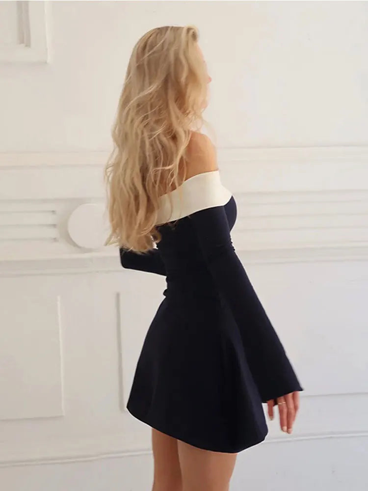 qgtao New Off Shoulder Mini Dresses Sexy Block Color Backless Tube Top Long Sleeves Basic For Parties 2024 High Quality Simple Dress 