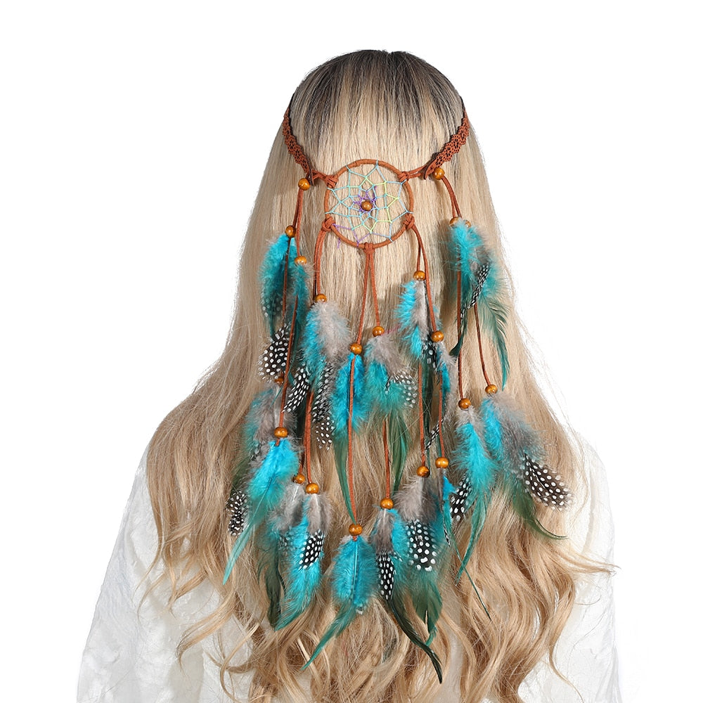 Fashion Boho Style Feather Headband Hairpiece Beads Feather Headdress Handmade Girls Hair Accessories High Quality