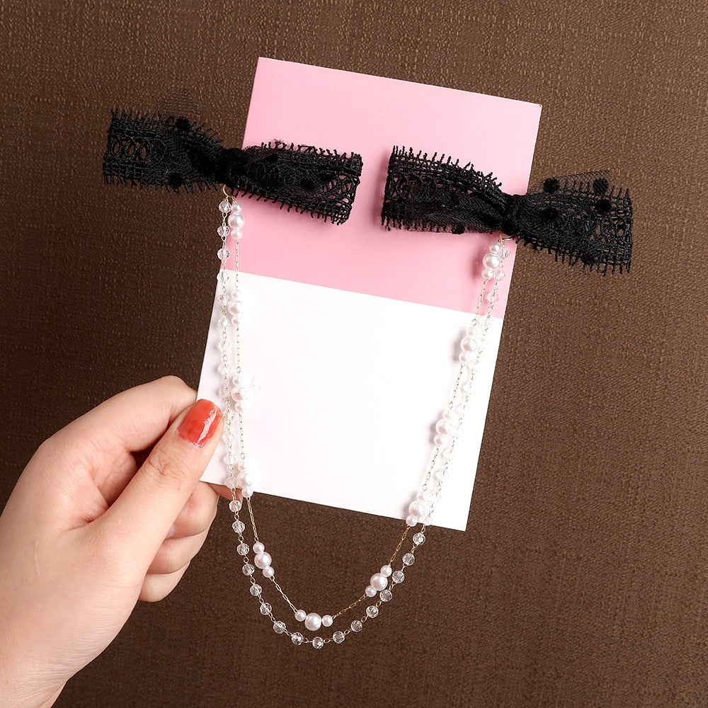 AWAYTR Tassel Elegant Vintage Bow Pearl Chain Hairpins Sweet Hair Decorate Headband Hair Clips For Fashion Hair Accessories