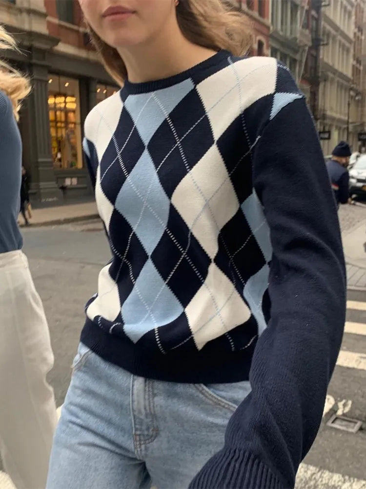 Sweet Girls Vintage Knitted Argyle Sweaters 2024 Early Autumn Fashion Ladies Pullovers Cute Women Chic Sweater Streetwear