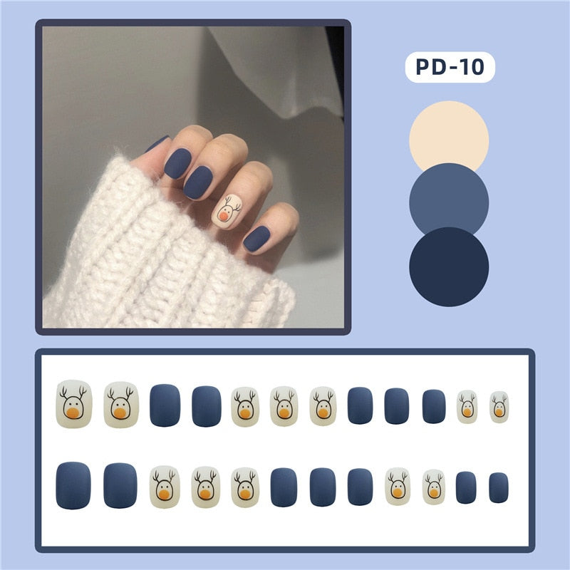 24pcs/box Christmas Fake Nails Style Art Nail Tips Press on False with Glue Designs Set Full Cover Artificial Short Fingernails
