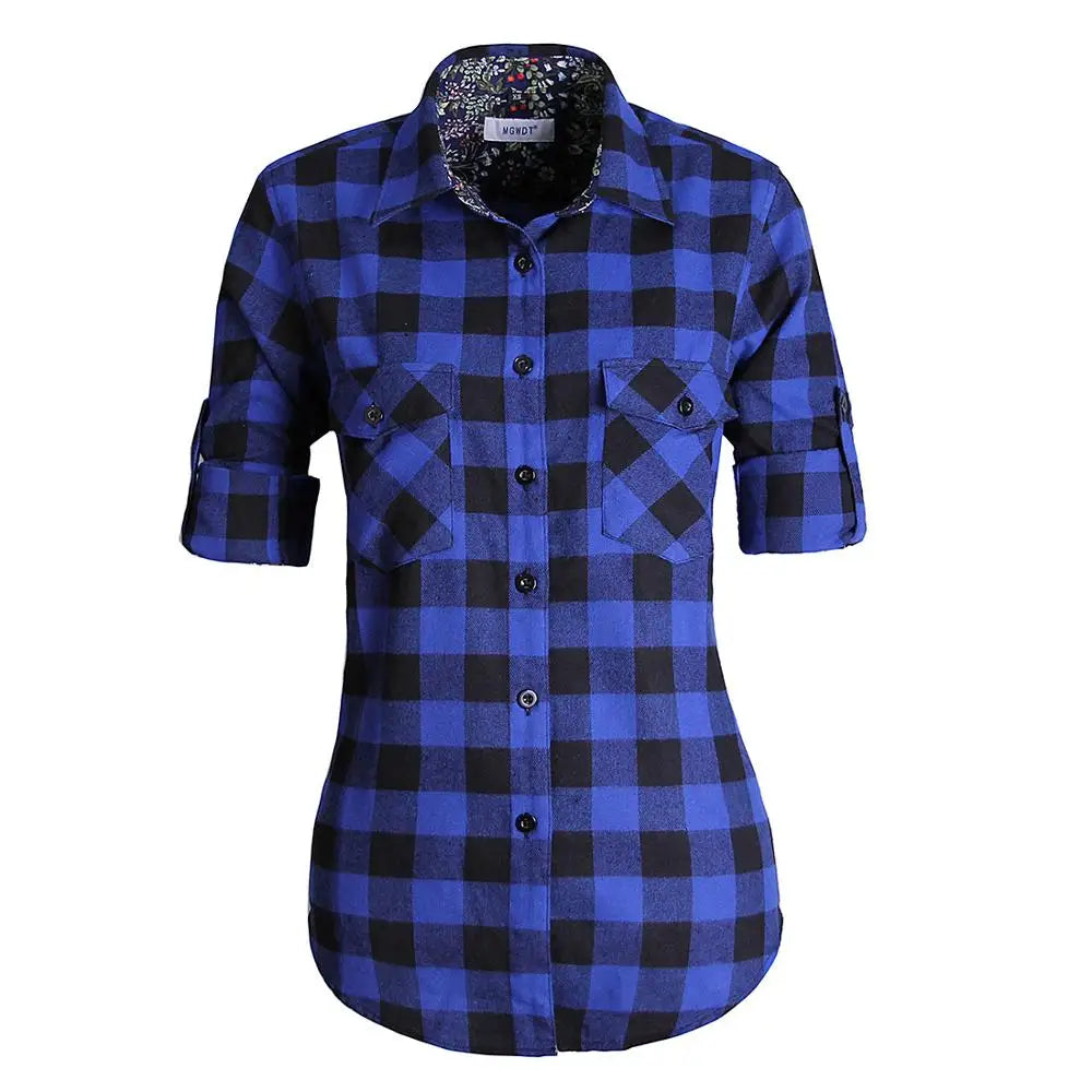 qgtao Women Tops Collared Button Down shirts Ladies Blouses Roll up Long Sleeve Western Tartan Plaid Flannel Shirt Hot Sale plus size