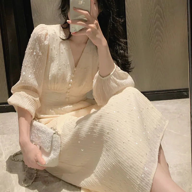 qgtao Elegant Vintage Dress Women Sequin Long Sleeve Designer Party Midi Dress Casual Slim Korean Dress Women's Clothing Autumn