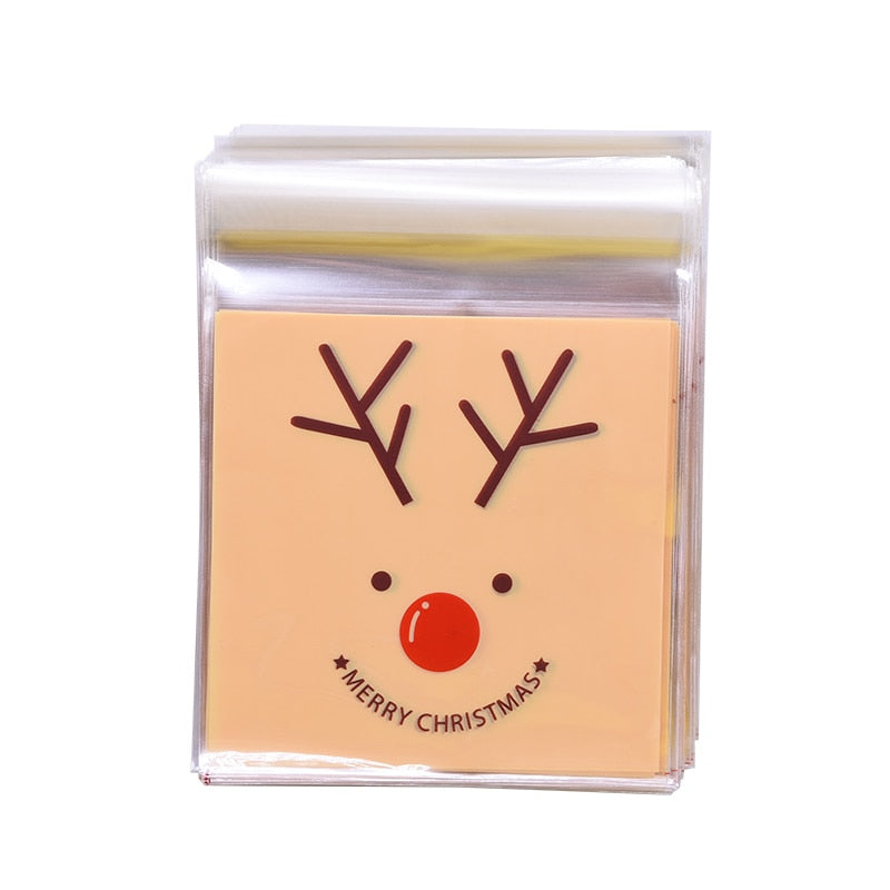 50Pcs 10x10cm Christmas Candy Cookie Gift Bags Plastic Self-adhesive Biscuits Snack Packaging Bags Xmas Party Decoration Favors