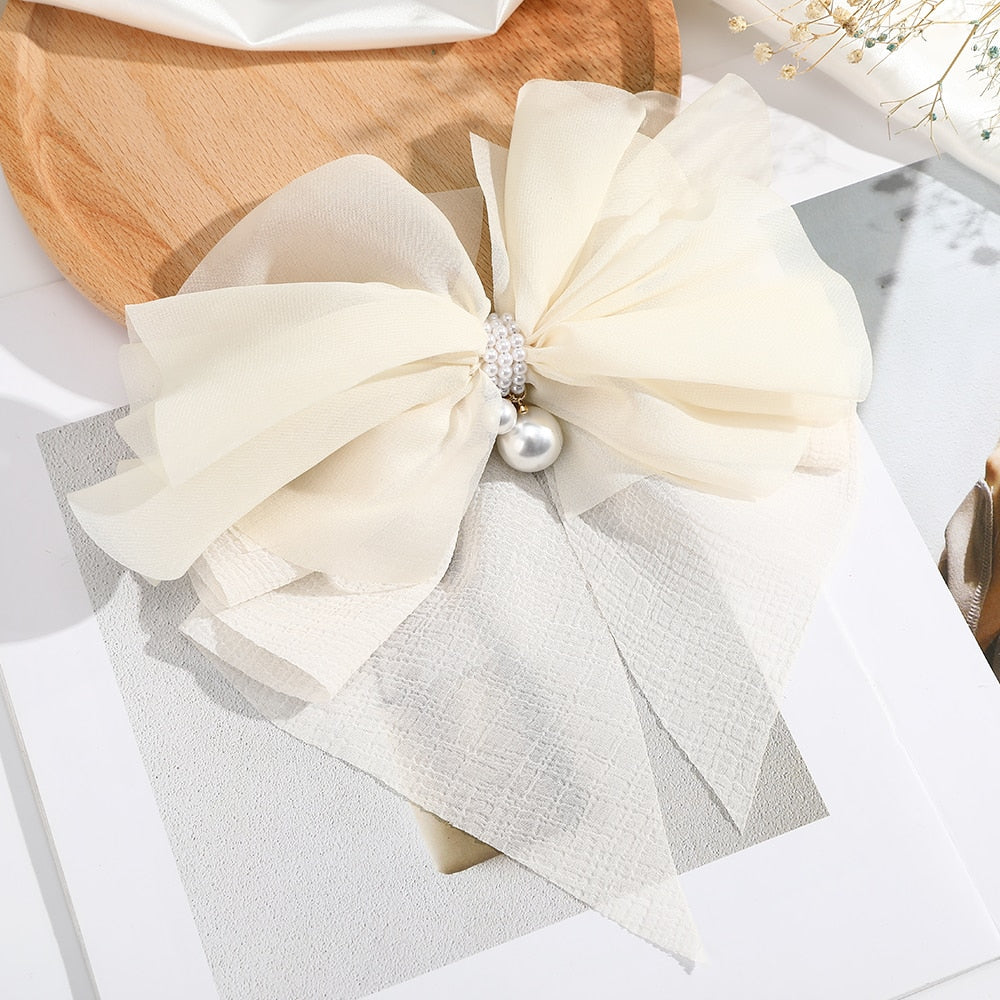 AWAYTR New Bow Pearls Chain Barrettes Hairpins For Women Rhinestone Spring Hair Clips Ribbon Headband Ponytail Hair Accessories