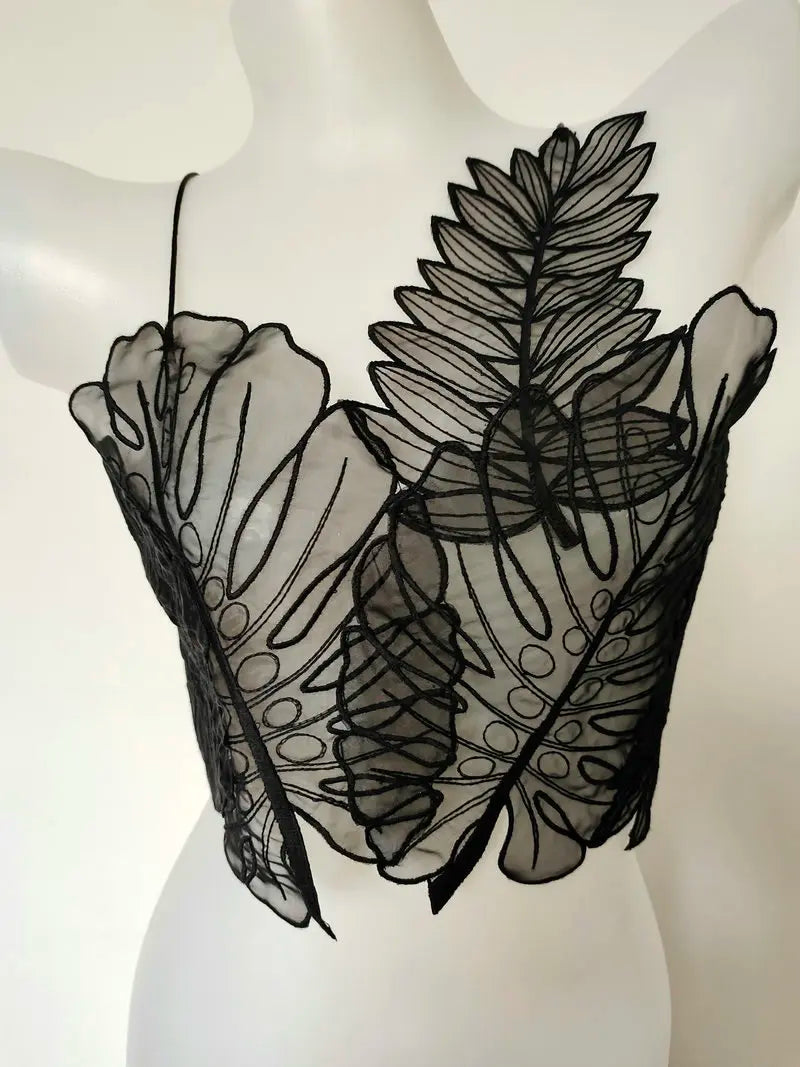 Women Tank Top Green Transparent Outfit Camisole Sexy Embroidered Tanks Organza Leaves Sexy Camis Crop Top