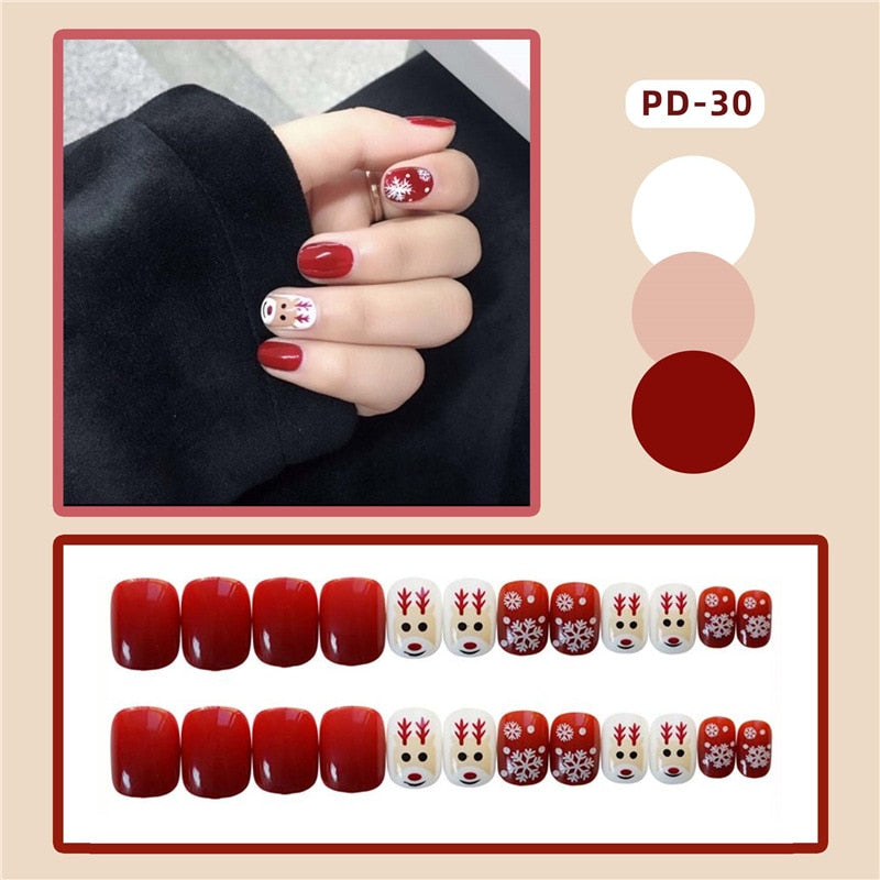 24pcs/box Christmas Fake Nails Style Art Nail Tips Press on False with Glue Designs Set Full Cover Artificial Short Fingernails