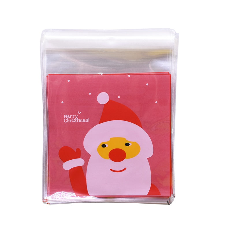 50Pcs 10x10cm Christmas Candy Cookie Gift Bags Plastic Self-adhesive Biscuits Snack Packaging Bags Xmas Party Decoration Favors