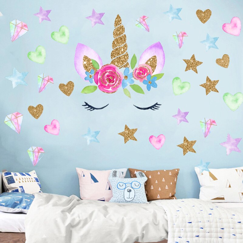 Cartoon Unicorn Wall Sticker For Kids Bedroom Wall Decoration Removable Unicorn Star Heart Mural Home Living Room Wall Stickers