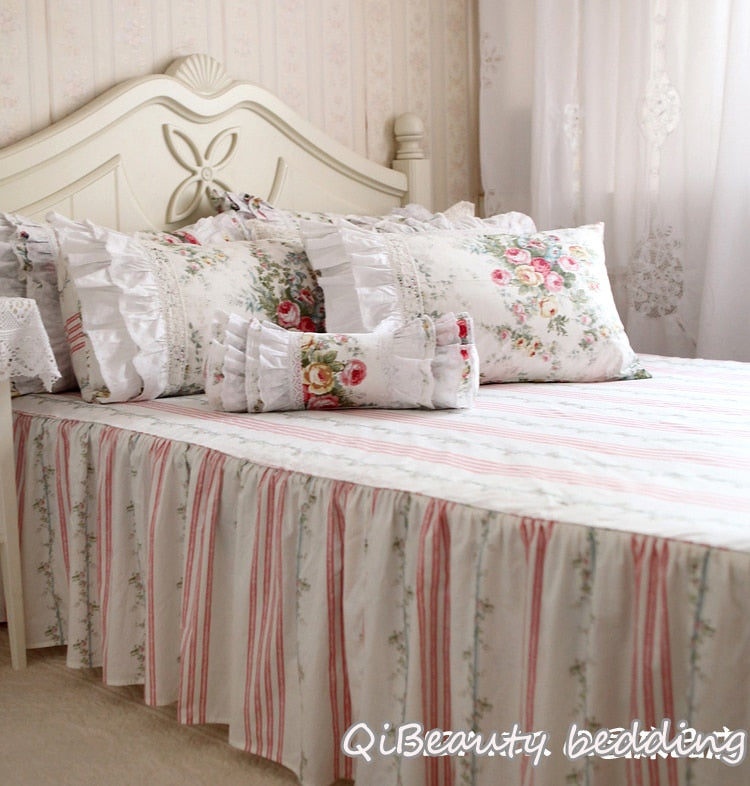 qgtao European-style pastoral lotus leaf lace handmade pleated cotton bedding Queen Size four-piece set