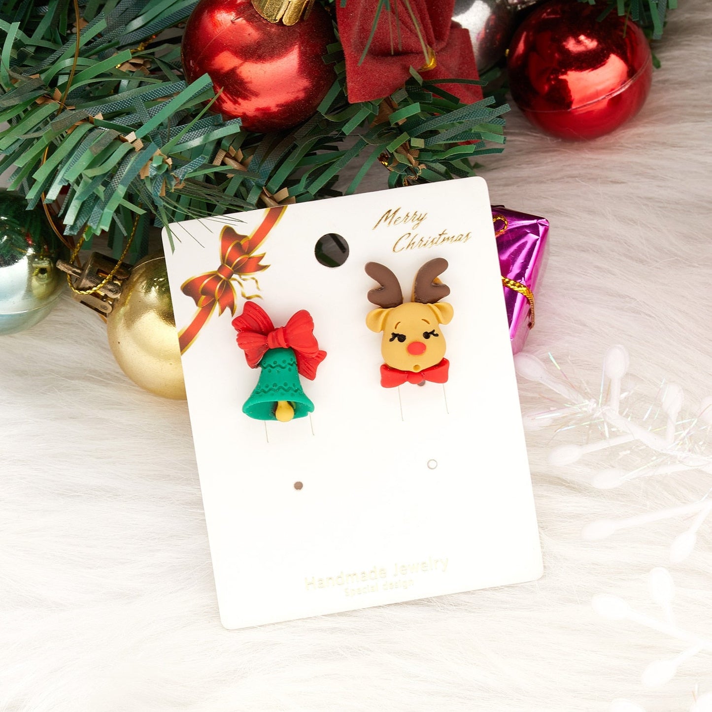 New Trendy Asymmetrical Christmas Stud Earrings Xmas Tree Santa Claus Hat Elk Deer Bell Snowman Soft Pottery New Year Party Gift
