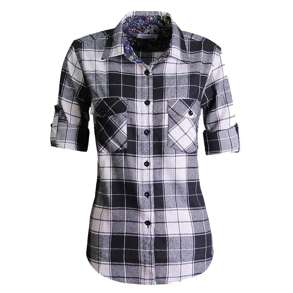 qgtao Women Tops Collared Button Down shirts Ladies Blouses Roll up Long Sleeve Western Tartan Plaid Flannel Shirt Hot Sale plus size