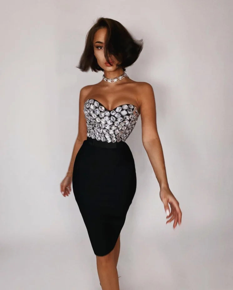 qgtao 3 Colors Ladies HL Bandage Dress Sexy 2 Pieces Set Fashion Bodycon Midi Dress Nightclub Party Dress Vestido High Quality